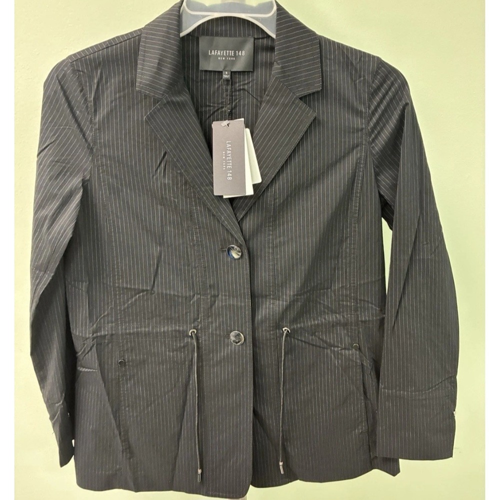 Lafayette 148 New York Pinstripe Drawstring Waist Jacket Navy Small NWT